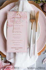 MENU & PROGRAMS romantic Romantic Floral Wedding Menu, Elegant Blush Pink Wedding Menus With Vellum Cover And Twine, Glamour Pink Wedding Menu Cards, Luxury Boho Floral Wedding Menu    1