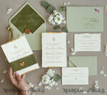 HOCHZEITS EINLADUNGEN moderne Kalligraphie / feine Kunst Feine Kunst Gold & Salbeigrüne Hochzeitseinladung, Samtgoldene Ränder Hochzeitseinladungen, Vintage Gold Einladungsset, Zerfledderte Ränder Hochzeitseinladung mit RSVP20