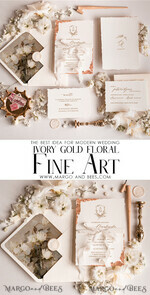 WEDDING INVITATIONS modern calligraphy / fine art Fine Art Ivory Gold Wedding Invitation, Floral Wedding Invitation, Vintage Invitation suite, Emblem Initials wedding invitation suite, Deckled Edge Invites4
