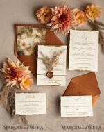 HOCHZEITS EINLADUNGEN moderne Kalligraphie / feine Kunst Fall Fine Art Prägung Elfenbein Gold Hochzeitseinladung, Pampasgras Florale Hochzeitseinladung, Boho Brandorange Einladungssatz, Wachssiegel Monogramm Hochzeitseinladungssatz, Gerissene Kante Einladungen, Zerrissene Kante Hochzeitseinladungen golden.18