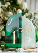 TABLE DECOR SIGNS Acrylic table decor Numbers Acrylic Arch Table Number and menu Combo, Green and Frozen Acrylic gold Sign, Gold Plexi Table Number and Menu Combo Luxury Wedding Table Decor, Wedding Signage15