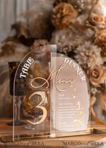 TISCHDEKORATIONSCHILDER   Acryl Tischdekoration Zahlen Acryl Halbbogen Tischnummer und Menü-Kombination, klare und gefrorene Acryl-Goldschild, Gold Plexi Tischnummer und Menü-Kombination Luxus Hochzeits Tischdekoration, Hochzeit Beschilderung22