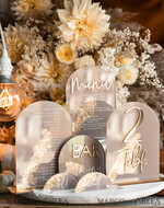 TABLE DECOR SIGNS Acrylic table decor Numbers Acrylic Arch Cappuccino Table Menu, Clear Acrylic And Gold Sign, Nude Gold Plexi Table Numbers, Tan Luxury Wedding Table Decor, Earthy Wedding Signage Golden Mirror Table Numbers25