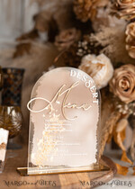 TISCHDEKORATIONSCHILDER   Acryl Tischdekoration Zahlen Acrylbogen Dessertmenü, klarer Acryl-Gold-Candy-Bar-Schild, Gold-Plexiglas-Tischbogen-Menü, luxuriöse Hochzeits-Tischdekoration, Hochzeitsbeschilderung goldener Spiegel-Dessertmenü20
