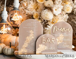 TABLE DECOR SIGNS Acrylic table decor Numbers Acrylic Arch Cappuccino Bar Menu, Clear Acrylic And Gold Bar Menu, Nude Taupe Gold Plexi Drink Bar Menu, Tan Luxury Wedding Drink Bar Table Decor, Earthy Wedding Signage Golden Mirror Bar Menu45