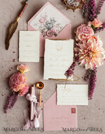 SAMPLING SERVICE samples Dusty Rose wedding Invitation Sample, handmade heather sample set, Pink floral wedding invitation, gold deckled edges invitation sample set14