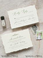 SAMPLING SERVICE samples Fine Art Green wedding Invitation Sample, handmade sample set, Ivory Deckled Edge wedding invitation, Floral Emblem Invites sample set9