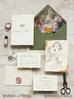 SAMPLING SERVICE samples Fine Art Green wedding Invitation Sample, handmade sample set, Ivory Deckled Edge wedding invitation, Floral Emblem Invites sample set9
