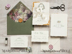 SAMPLING SERVICE samples Fine Art Green wedding Invitation Sample, handmade sample set, Ivory Deckled Edge wedding invitation, Floral Emblem Invites sample set9