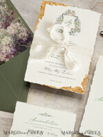 SAMPLING SERVICE samples Fine Art Green wedding Invitation Sample, handmade sample set, Ivory Deckled Edge wedding invitation, Floral Emblem Invites sample set9