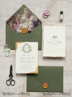 SAMPLING SERVICE samples Fine Art Green wedding Invitation Sample, handmade sample set, Ivory Deckled Edge wedding invitation, Floral Emblem Invites sample set9