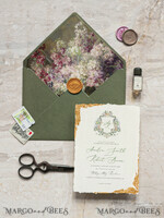 SAMPLING SERVICE samples Fine Art Green wedding Invitation Sample, handmade sample set, Ivory Deckled Edge wedding invitation, Floral Emblem Invites sample set9