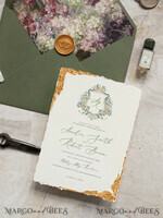 SAMPLING SERVICE samples Fine Art Green wedding Invitation Sample, handmade sample set, Ivory Deckled Edge wedding invitation, Floral Emblem Invites sample set9