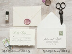 SAMPLING SERVICE samples Fine Art Green wedding Invitation Sample, handmade sample set, Ivory Deckled Edge wedding invitation, Floral Emblem Invites sample set9