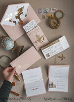 SAMPLING SERVICE samples Gold Bluh pink Passport Wedding Invitation, Golden Wedding Cards Boarding Pass, Travel Passport Wedding Invitations Abroad, Destination Wedding Invites, Travel Map Wedding Stationary34