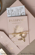 SAMPLING SERVICE samples Gold Bluh pink Passport Wedding Invitation, Golden Wedding Cards Boarding Pass, Travel Passport Wedding Invitations Abroad, Destination Wedding Invites, Travel Map Wedding Stationary34