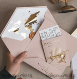 SAMPLING SERVICE samples Gold Bluh pink Passport Wedding Invitation, Golden Wedding Cards Boarding Pass, Travel Passport Wedding Invitations Abroad, Destination Wedding Invites, Travel Map Wedding Stationary34