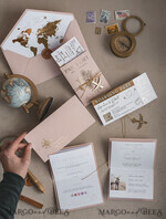 SAMPLING SERVICE samples Gold Bluh pink Passport Wedding Invitation, Golden Wedding Cards Boarding Pass, Travel Passport Wedding Invitations Abroad, Destination Wedding Invites, Travel Map Wedding Stationary34