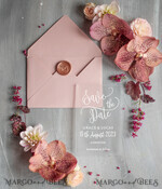 SAVE THE DATES acrylic gold magnets Save the date personalized, luxory plexi satin, blush pink envelope, Acrylic satin, Wedding Save The Date Card7