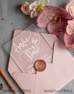 SAVE THE DATES acrylic gold magnets Save the date personalized, luxory plexi satin, blush pink envelope, Acrylic satin, Wedding Save The Date Card7
