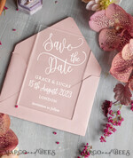 SAVE THE DATES acrylic gold magnets Save the date personalized, luxory plexi satin, blush pink envelope, Acrylic satin, Wedding Save The Date Card7