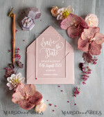 SAVE THE DATES acrylic gold magnets Save the date personalized, luxory plexi satin, blush pink envelope, Acrylic satin, Wedding Save The Date Card7