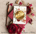 SAVE THE DATES acrylic gold magnets Personalised Maroon Save the Date circle Magnet and Card, boho Wedding Save The Dates Acrylic golden mirror magnet6