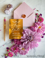 SAVE THE DATES acrylic gold magnets Luxory wedding save the date, Save the date personalized golden mirror, plexi gold, wedding save the datepink envelope4