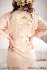 NEWLY WEDS COUPLE GIFTS Bride gifts Beige satin elegant wedding robe with gold foil inscription, Elegant stylish Wedding Robe, Bridal Party Robe 5