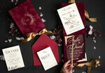 WEDDING INVITATIONS Invitations for VIP/ boxed Invites for Parents Burgundy Boxed Wedding Invitation set ,3D Golden Plexi Wedding Invitation Suite Luxury Box, Elegant Boho Velvet Wedding Cards, Bespoke Golden Invites26