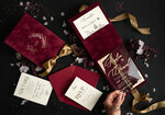 WEDDING INVITATIONS Invitations for VIP/ boxed Invites for Parents Burgundy Boxed Wedding Invitation set ,3D Golden Plexi Wedding Invitation Suite Luxury Box, Elegant Boho Velvet Wedding Cards, Bespoke Golden Invites26