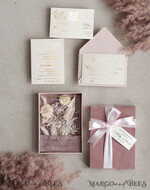 WEDDING INVITATIONS Invitations for VIP/ boxed Invites for Parents Natural Dried Flowers Wedding Invitations in velvet box, Plexi Glamour Boxed Wedding Invitation Suite Luxury, Romantic Velvet Wedding Cards, Bespoke Golden Invites22
