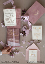 WEDDING INVITATIONS Invitations for VIP/ boxed Invites for Parents Blush Pink Boxed Wedding Invitation set ,3D Golden Plexi Wedding Invitation Suite Luxury Box, Elegant Boho Velvet Wedding Cards, Bespoke Golden Invites33