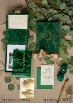 WEDDING INVITATIONS Invitations for VIP/ boxed Invites for Parents Emerald green Velvet Boxed Wedding Invitation Box, Clear Green Plexi glass wedding invitations, Elegant green Velvet Wedding Cards, Bespoke Golden Wedding Stationery, Mirror gold Invitations10