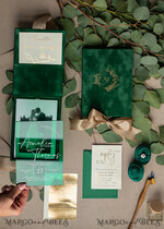 WEDDING INVITATIONS Invitations for VIP/ boxed Invites for Parents Emerald green Velvet Boxed Wedding Invitation Box, Clear Green Plexi glass wedding invitations, Elegant green Velvet Wedding Cards, Bespoke Golden Wedding Stationery, Mirror gold Invitations10