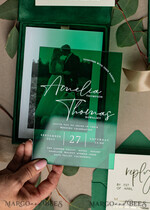 WEDDING INVITATIONS Invitations for VIP/ boxed Invites for Parents Emerald green Velvet Boxed Wedding Invitation Box, Clear Green Plexi glass wedding invitations, Elegant green Velvet Wedding Cards, Bespoke Golden Wedding Stationery, Mirror gold Invitations10
