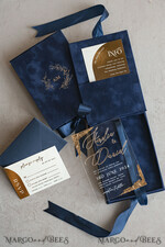 WEDDING INVITATIONS Invitations for VIP/ boxed Invites for Parents Vip Navy Blue Gold Foil Wedding Invitations in velvet box, Plexi Glamour Wedding Invitation Suite Luxury Box, Romantic Velvet Wedding Cards, Bespoke Golden Invites11