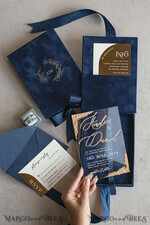 WEDDING INVITATIONS Invitations for VIP/ boxed Invites for Parents Vip Navy Blue Gold Foil Wedding Invitations in velvet box, Plexi Glamour Wedding Invitation Suite Luxury Box, Romantic Velvet Wedding Cards, Bespoke Golden Invites11