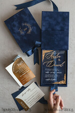 WEDDING INVITATIONS Invitations for VIP/ boxed Invites for Parents Vip Navy Blue Gold Foil Wedding Invitations in velvet box, Plexi Glamour Wedding Invitation Suite Luxury Box, Romantic Velvet Wedding Cards, Bespoke Golden Invites11