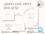 TEMPLETT wedding invitation download Boho Blush Pink wedding Invitations Set Template, Instant Download Printable Invites Home Printing, Simple  Wedding Invitation Card, WBoho169