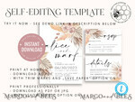 TEMPLETT wedding invitation download Elegant Boho wedding Invitations Set Template, Instant Download Printable Invites Home Printing, Simple Rustic Wedding Invitation Card Set7