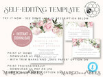 TEMPLETT wedding invitation download Elegant Blush wedding Invitation Template, Instant Download Printable Invites Home Printing, Pink roses Wedding Invitation Card Set Template11