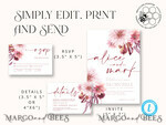 TEMPLETT wedding invitation download Boho fall wedding Invitations Set Template, Instant Download Printable Invites Home Printing, Mauve Blush Pink Autumn Fine Art Invitation Card Set8