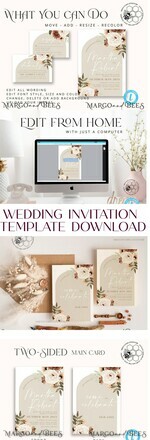 TEMPLETT wedding invitation download Boho Ivory wedding Invitations Set Template, Instant Download Printable Invites Home Printing, Simple Boho Wedding Invitation Card Set25