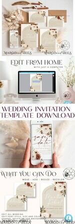 TEMPLETT wedding invitation download Boho Ivory wedding Invitations Set Template, Instant Download Printable Invites Home Printing, Simple Boho Wedding Invitation Card Set25