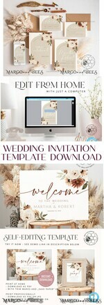 TEMPLETT wedding invitation download Boho Ivory wedding Invitations Set Template, Instant Download Printable Invites Home Printing, Simple Boho Wedding Invitation Card Set25