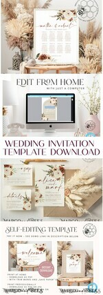 TEMPLETT wedding invitation download Boho Ivory wedding Invitations Set Template, Instant Download Printable Invites Home Printing, Simple Boho Wedding Invitation Card Set25