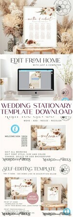 TEMPLETT wedding invitation download Boho Ivory wedding Invitations Set Template, Instant Download Printable Invites Home Printing, Simple Boho Wedding Invitation Card Set25