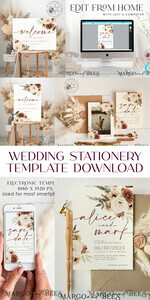 TEMPLETT wedding invitation download Boho Ivory wedding Invitations Set Template, Instant Download Printable Invites Home Printing, Simple Boho Wedding Invitation Card Set25
