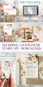 TEMPLETT wedding invitation download Boho Ivory wedding Invitations Set Template, Instant Download Printable Invites Home Printing, Simple Boho Wedding Invitation Card Set25